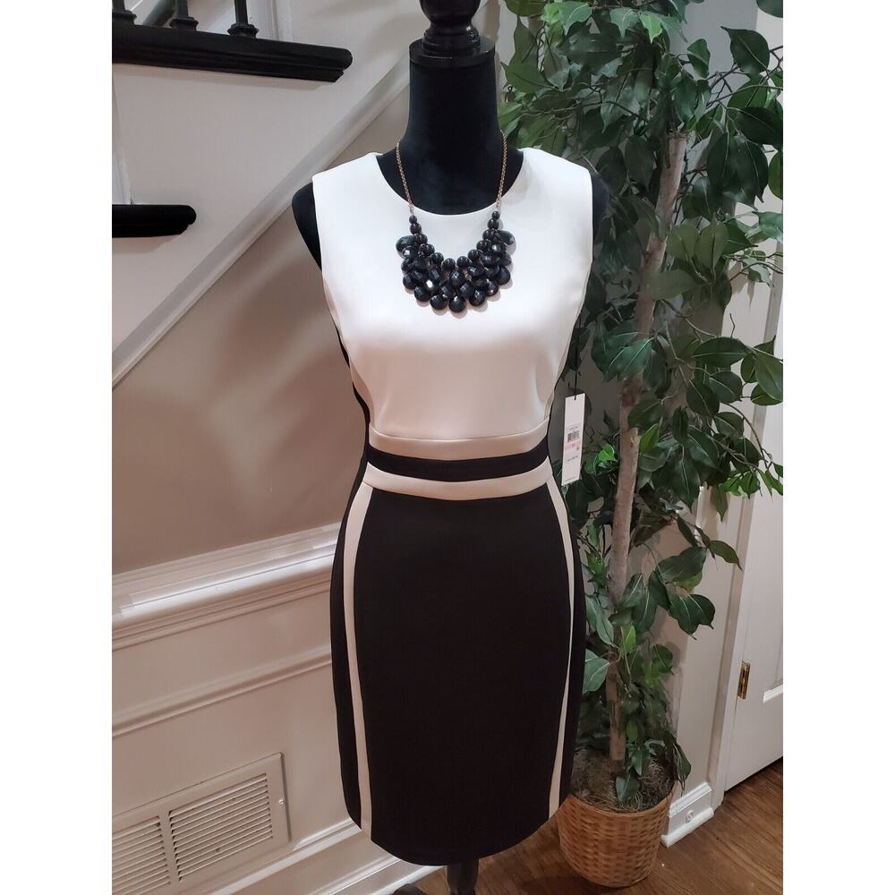 Calvin Klein Womens White & Black Round Neck Sleeveless‎ Knee Length Dress 10